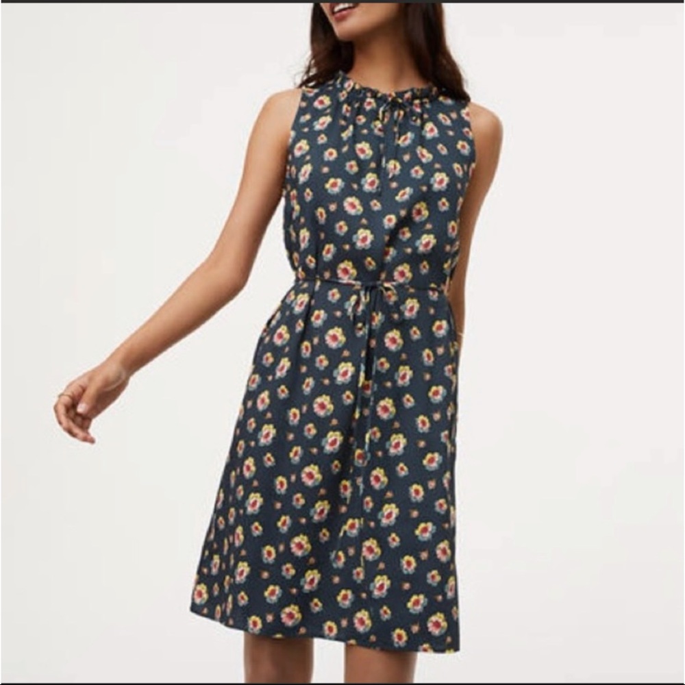 Loft Floral Ruffle Tie Neck Smock Dress Size M